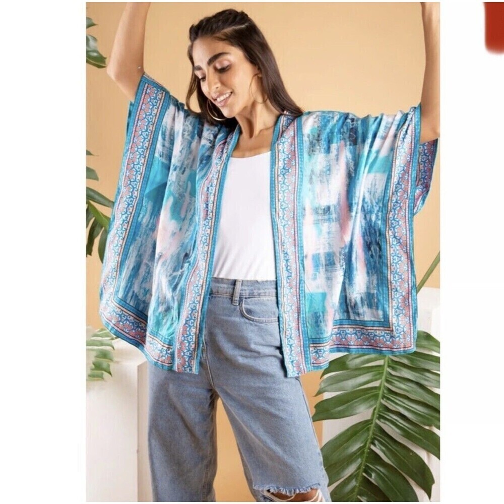 Tolani Collection Raelyn Kimono Size Medium Jacket Open Front Blue Tie Dye Boho